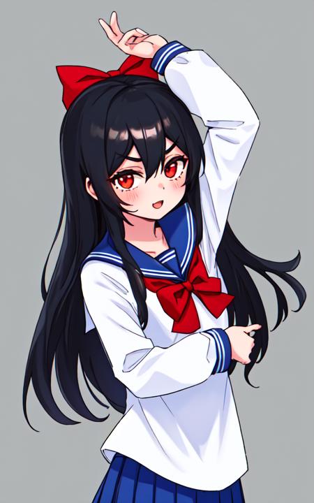 00609-756576527-1girl,solo,black hair,long hair,bangs,hair between eyes,eyebrows visible through hair,looking at viewer,white shirt,serafuku,red.png